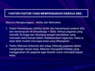 FAKTOR-FAKTOR YANG MEMPENGARUHI KINERJA SBB :


Menurut Mangkunegara : Ability dan Motivation

1. Faktor Kemampuan (Ability) terdiri dari kemampuan potensi (IQ)
   dan kemampuan rill (Knowledge + Skill). Artinya pegawai yang
   memiliki IQ tinggi dan ditunjang dengan pendidikan yang
   memadai serta trampil dalam melaksanakan tugasnya, maka ia
   akan lebih mudah mencapai kerja yang diharapkan.
2. Faktor Motivasi terbentuk dari sikap (Attitude) pegawai dalam
   menghadapi situasi kerja. Motivasi merupakan kondisi yang
   menggerakan diri pegawai agar terarah untuk mencapai tujuan
   kerja.
 