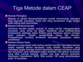 Tiga Metode dalam CEAP
Metode Peringkat
Metode ini berarti seorang/beberapa penilai menentukan peringkat
bagi sejumlah karyawan, mulai dari yang berprestasi tinggi hingga
pada paling tidak berprestasi.
Metode Distribusi Kendali
Distribusi kendali adalah metode di mana penilai menggolongkan
karyawan yang dinilai ke dalam klasifikasi yang berbeda-beda
berdasarkan berbagai faktor Kritikal yang berlainan seperti prestasi
kerja, ketaatan, disiplin, pengendalian biaya, dan lain-lain.
Penggolongan tersebut dimaksud kemudian dinyatakan dalam
presentase.
Metode Alokasi Kerja
Metode ini yang terjadi ialah bahwa penilai memiliki nilai dalam bentuk
angka kepada semua karyawan yang dimiliki. Karyawan yang
mendapat angka tertinggi berarti dipandang sebagai karyawan terbaik
dan karyawan yang mendapat angka terendah merupakan karyawan
yang tidak mampu bekerja. Jumlah nilai bagi seluruh karyawan
ditentukan Departemen SDM. Nilai jumlah 100 yang didistribusikan
pada 10 karyawan.
 