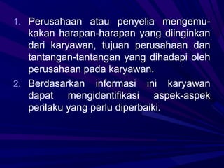 1. Perusahaan atau penyelia mengemu-
   kakan harapan-harapan yang diinginkan
   dari karyawan, tujuan perusahaan dan
   tantangan-tantangan yang dihadapi oleh
   perusahaan pada karyawan.
2. Berdasarkan informasi ini karyawan
   dapat mengidentifikasi aspek-aspek
   perilaku yang perlu diperbaiki.
 
