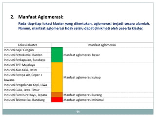 2. Manfaat Aglomerasi:
          Pada tiap-tiap lokasi klaster yang ditentukan, aglomerasi terjadi secara alamiah.
          Namun, manfaat aglomerasi tidak selalu dapat dinikmati oleh peserta klaster.



           Lokasi Klaster                            manfaat aglomerasi
Industri Baja: Cilegon
Industri Petrokimia, Banten          manfaat aglomerasi besar
Industri Perkapalan, Surabaya
Industri TPT: Majalaya
Industri Alas Kaki, Jatim
Industri Pompa Air, Ceper +
                                     Manfaat aglomerasi cukup
Juwana
Industri Pengolahan Kopi, Liwa
Industri Gula, Jawa Timur
Industri Furniture Kayu, Jepara      Manfaat aglomerasi kurang
Industri Telematika, Bandung         Manfaat aglomerasi minimal


                                             11
 