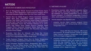 METODE
1. Riset Ini Menggunakan Metode Deskriptif Kuantitatif Karena Tujuan
Dari Riset Ini Akan Menganalisis Tingkat Kepuasan Pengguna Website
Pemerintah Kabupaten Maluku Barat Daya Dari Enam Aspek Pieces.
2. Populasi Riset Ini Adalah Pengguna Website Pemerintah Kabupaten
Maluku Barat Daya. Pengambilan Sampel Digunakan Purposive
Sampling, Yaitu Teknik Untuk Penentuan Sampel Dengan Pertimbangan
Beberapa Aspek, Yang Mana Setiap Subjek Yang Ada, Diambil Dengan
Sengaja Berdasarkan Tujuan Dari Penelitian Indrawati Et Al. (2019).
Kriteria Yang Dipakai Sesuai Dengan Purposive Sampling Adalah
Pengguna Website Pemerintah Kabupaten Maluku Barat Daya, Yaitu
Aparatur Sipil Negara Dinas Kominfo Dan Masyarakat Dan Mengisi
Kuesioner Secara Lengkap.
3. Responden Total Riset Ini Sebanyak 150 Orang Dan Periode
Pengumpulan Data Dimulai Tanggal 7–21 Oktober 2023 Menggunakan
Google Form Yang Disebarkan Melalui Media Social
4. Tingkat Kepuasan Pengguna Dalam Riset Ini Diukur Menggunakan
Kuesioner Dengan Memperhatikan Indikator2 Dari 6 Variabel Pieces
5. Setiap Pernyataan Kuesioner Diukur Menggunakan Skala Likert 1
Sampai 5. Ada Lima Pilihan Jawaban Yang Harus Dipilih Responden,
Yaitu Sangat Setuju (Ss), Setuju (S), Ragu-ragu (R), Tidak Setuju (Ts)
Dan Sangat Tidak Setuju (Sts)
3.1 JENIS DAN SUMBER DATA PENELITIAN
3.2 METODE ANALISIS
1. Penyebarkan kuesioner maka diperlukan pengujian kualitas
data lebih dahulu, yaitu dengan menggunakan uji validitas
dan reliabilitas. Uji validitas menggunakan Pearson Product
Moment sedangkan Uji reliabilitas menggunakan Cronbach’s
Alpha, untuk mengukur konsistensi item pernyataan kuesioner.
2. Ada dua pengujian yang digunakan yaitu:
• pengujian rata-rata tingkat kepuasan pengguna website
pemerintah daerah untuk masing-masing indikator dengan
menggunakan rumus :
dimana RK=Rata-rata Kepuasan, JSK=Jumlah
skor kuesioner, JK=Jumlah Kuesioner. Setelah itu Predikat
tingkat kepuasan pengguna menggunakan model Kaplan
dan Norton dengan menggunakan skor
• pengujian tambahan pada website pemerintah daerah untuk
memperkuat pengujian sistem yaitu menguji performance
sistem dan juga mengukur Website dari sisi kecepatan
dalam merespon input yang diminta pengguna dengan
menggunakan tool Pagespeed Insight serta pengujian
keamanan website dengan tool Qualys
 