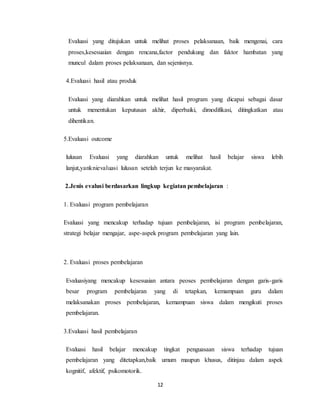 12
Evaluasi yang ditujukan untuk melihat proses pelaksanaan, baik mengenai, cara
proses,kesesuaian dengan rencana,factor pendukung dan faktor hambatan yang
muncul dalam proses pelaksanaan, dan sejenisnya.
4.Evaluasi hasil atau produk
Evaluasi yang diarahkan untuk melihat hasil program yang dicapai sebagai dasar
untuk menentukan keputusan akhir, diperbaiki, dimodifikasi, ditingkatkan atau
dihentikan.
5.Evaluasi outcome
lulusan Evaluasi yang diarahkan untuk melihat hasil belajar siswa lebih
lanjut,yanknievaluasi lulusan setelah terjun ke masyarakat.
2.Jenis evalusi berdasarkan lingkup kegiatan pembelajaran :
1. Evaluasi program pembelajaran
Evaluasi yang mencakup terhadap tujuan pembelajaran, isi program pembelajaran,
strategi belajar mengajar, aspe-aspek program pembelajaran yang lain.
2. Evaluasi proses pembelajaran
Evaluasiyang mencakup kesesuaian antara peoses pembelajaran dengan garis-garis
besar program pembelajaran yang di tetapkan, kemampuan guru dalam
melaksanakan proses pembelajaran, kemampuan siswa dalam mengikuti proses
pembelajaran.
3.Evaluasi hasil pembelajaran
Evaluasi hasil belajar mencakup tingkat penguasaan siswa terhadap tujuan
pembelajaran yang ditetapkan,baik umum maupun khusus, ditinjau dalam aspek
kognitif, afektif, psikomotorik.
 