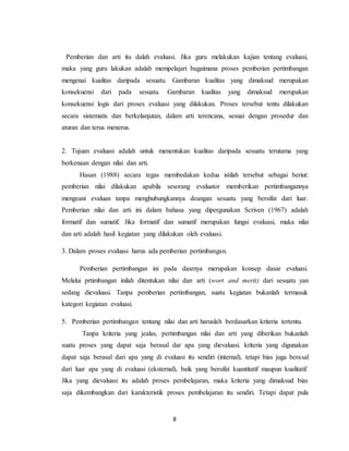 8
Pemberian dan arti itu dalah evaluasi. Jika guru melakukan kajian tentang evaluasi,
maka yang guru lakukan adalah mempelajari bagaimana proses pemberian pertimbangan
mengenai kualitas daripada sesuatu. Gambaran kualitas yang dimaksud merupakan
konsekuensi dari pada sesuatu. Gambaran kualitas yang dimaksud merupakan
konsekuensi logis dari proses evaluasi yang dilakukan. Proses tersebut tentu dilakukan
secara sistematis dan berkelanjutan, dalam arti terencana, sesuai dengan prosedur dan
aturan dan terus menerus.
2. Tujuan evaluasi adalah untuk menentukan kualitas daripada sesuatu terutama yang
berkenaan dengan nilai dan arti.
Hasan (1988) secara tegas membedakan kedua istilah tersebut sebagai beriut:
pemberian nilai dilakukan apabila sesorang evaluator memberikan pertimbangannya
mengeani evaluan tanpa menghubungkannya deangan sesuatu yang bersifat dari luar.
Pemberian nilai dan arti ini dalam bahasa yang dipergunakan Scriven (1967) adalah
formatif dan sumatif. Jika formatif dan sumatif merupakan fungsi evaluasi, maka nilai
dan arti adalah hasil kegiatan yang dilakukan oleh evaluasi.
3. Dalam proses evaluasi harus ada pemberian pertimbangan.
Pemberian pertimbangan ini pada dasrnya merupakan konsep dasar evaluasi.
Melalui prtimbangan inilah ditentukan nilai dan arti (wort and merit) dari sesuatu yan
sedang dievaluasi. Tanpa pemberian pertimbangan, suatu kegiatan bukanlah termasuk
kategori kegiatan evaluasi.
5. Pemberian pertimbangan tentang nilai dan arti haruslah berdasarkan kriteria tertentu.
Tanpa kriteria yang jealas, pertimbangan nilai dan arti yang diberikan bukanlah
suatu proses yang dapat saja berasal dar apa yang dievaluasi. kriteria yang digunakan
dapat saja berasal dari apa yang di evaluasi itu sendiri (internal), tetapi bias juga berasal
dari luar apa yang di evaluasi (eksternal), baik yang bersifat kuantitatif maupun kualitatif.
Jika yang dievaluasi itu adalah proses pembelajaran, maka kriteria yang dimaksud bias
saja dikembangkan dari karakteristik proses pembelajaran itu sendiri. Tetapi dapat pula
 