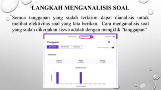 LANGKAH MENGANALISIS SOAL
Semua tanggapan yang sudah terkirim dapat dianalisis untuk
melihat efektivitas soal yang kita berikan. Cara menganalisis soal
yang sudah dikerjakan siswa adalah dengan mengklik “tanggapan”
 