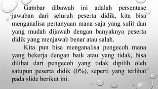 Gambar dibawah ini adalah persentase
jawaban dari seluruh peserta didik, kita bisa
menganalisa pertanyaan mana saja yang sulit dan
yang mudah dijawab dengan banyaknya peserta
didik yang menjawab benar atau salah.
Kita pun bisa menganalisa pengecoh mana
yang bekerja dengan baik atau yang tidak, bisa
dilihat dari pengecoh yang tidak dipilih oleh
satupun peserta didik (0%), seperti yang terlihat
pada slide berikut ini.
 