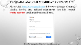 LANGKAH-LANGKAH MEMBUAT AKUN GMAIL
1. Akses URL http://www.gmail.com di browser (Google Chrome,
Mozilla firefox, atau aplikasi sejenisnya), lalu klik tombol
create account untuk membuat email baru.
Gambar tampilan http://www.gmail.com
 