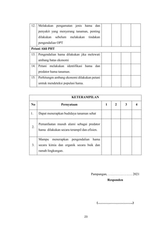 23
12. Melakukan pengamatan jenis hama dan
penyakit yang menyerang tanaman, penting
dilakukan sebelum melakukan tindakan
pengendalian OPT
Petani Ahli PHT
13. Pengendalian hama dilakukan jika melewati
ambang batas ekonomi
14. Petani melakukan identifikasi hama dan
predator hama tanaman.
15. Perhitungm ambang ekonomi dilakukan petani
umtuk mendeteksi populasi hama.
KETERAMPILAN
No Pernyataan 1 2 3 4
1. Dapat menerapkan budidaya tanaman sehat
2.
Pemanfaatan musuh alami sebagai predator
hama dilakukan secara terampil dan efisien.
3.
Mampu menerapkan pengendalian hama
secara kimia dan organik secara baik dan
ramah lingkungan.
Pampangan, …………………. 2021
Responden
(…………………………..)
 