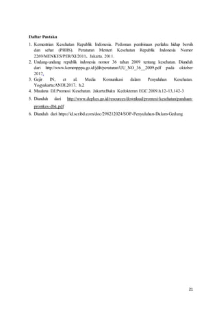 21
Daftar Pustaka
1. Kementrian Kesehatan Republik Indonesia. Pedoman pembinaan perilaku hidup bersih
dan sehat (PHBS). Peraturan Menteri Kesehatan Republik Indonesia Nomor
2269/MENKES/PER/XI/2011. Jakarta. 2011.
2. Undang-undang republik indonesia nomor 36 tahun 2009 tentang kesehatan. Diunduh
dari http://www.kemenpppa.go.id/jdih/peraturan/UU_NO_36__2009.pdf pada oktober
2017.
3. Gejir IN, et al. Media Komunikasi dalam Penyuluhan Kesehatan.
Yogyakarta:ANDI.2017. h.2
4. Maulana DJ.Promosi Kesehatan. Jakarta:Buku Kedokteran EGC.2009.h.12-13,142-3
5. Diunduh dari http://www.depkes.go.id/resources/download/promosi-kesehatan/panduan-
promkes-dbk.pdf
6. Diunduh dari https://id.scribd.com/doc/298212024/SOP-Penyuluhan-Dalam-Gedung
 