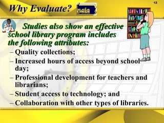 Why Evaluate? Studies also show an effective  school library program includes  the following attributes:  Quality collections; Increased hours of access beyond school day; Professional development for teachers and librarians; Student access to technology; and Collaboration with other types of libraries. 