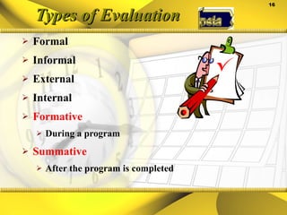 Types of Evaluation Formal Informal External Internal Formative During a program  Summative After the program is completed 