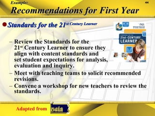Example: Recommendations for First Year Review the Standards for the  21 st  Century Learner to ensure they  align with content standards and  set student expectations for analysis,  evaluation and inquiry. Meet with teaching teams to solicit recommended revisions. Convene a workshop for new teachers to review the standards. Standards for the 21 st  Century Learner Adapted from  
