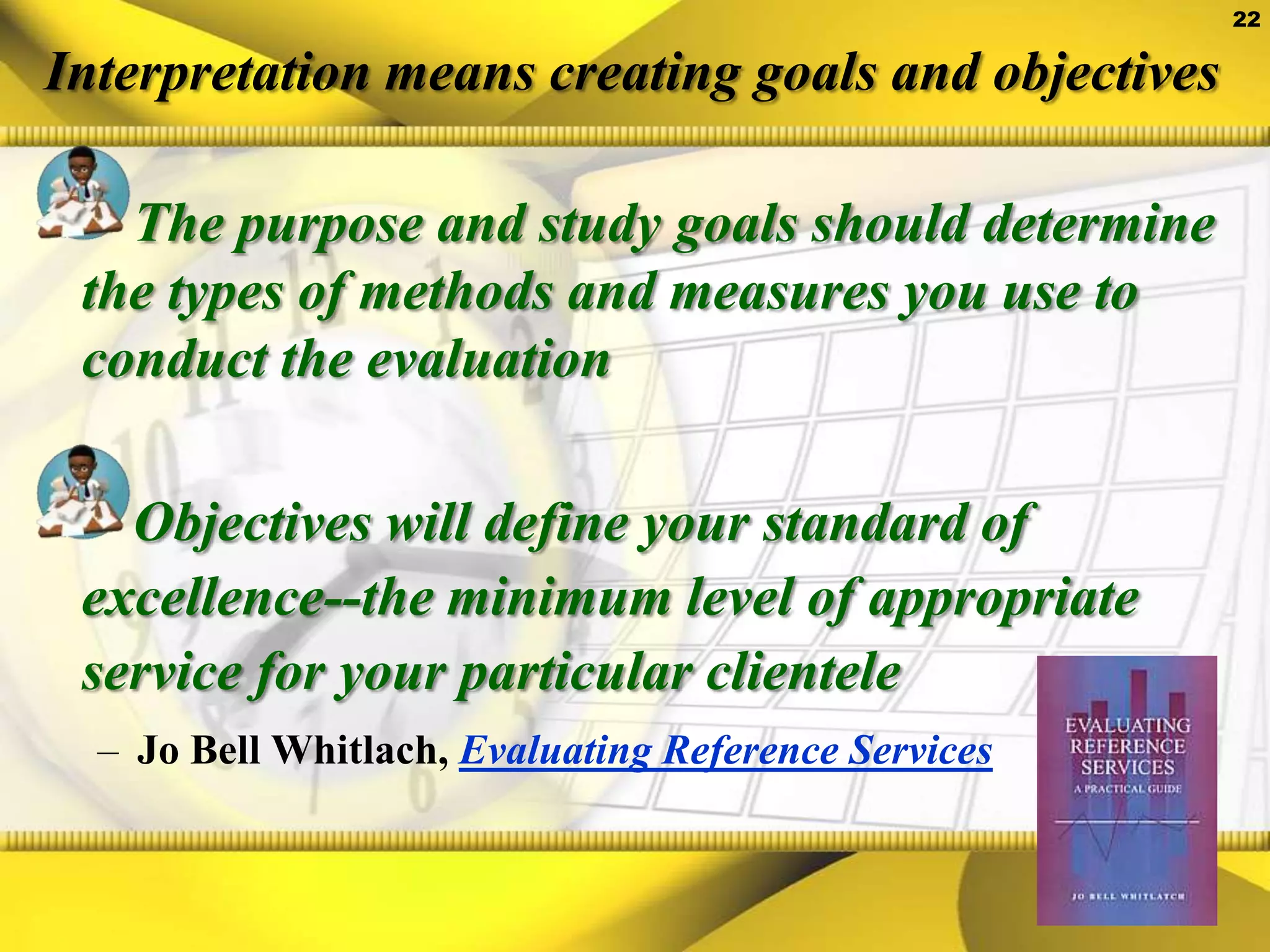 Types of DataQuantitativeQualitativeStudents’ success rate in locating appropriate resources in OPAC searchesNumber of OPAC searches Size of collectionCollection supports the curriculumNumber of lessons planned with teachersComprehensive and collaborative planning is in place