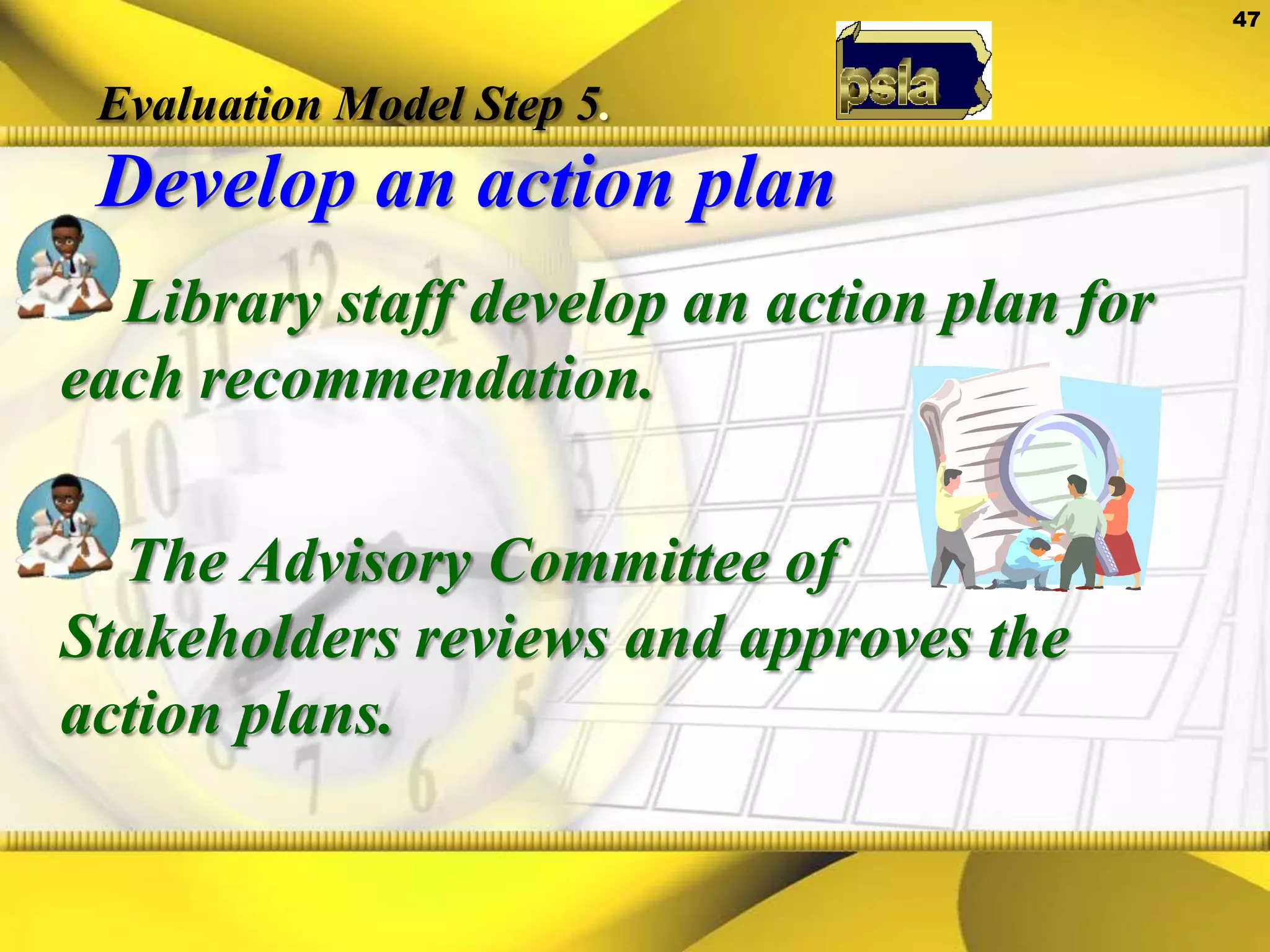 Evaluation Model Step 4.Formulate recommendationsRole of an Advisory Committee of stakeholders—Review the data, formulate recommendations.