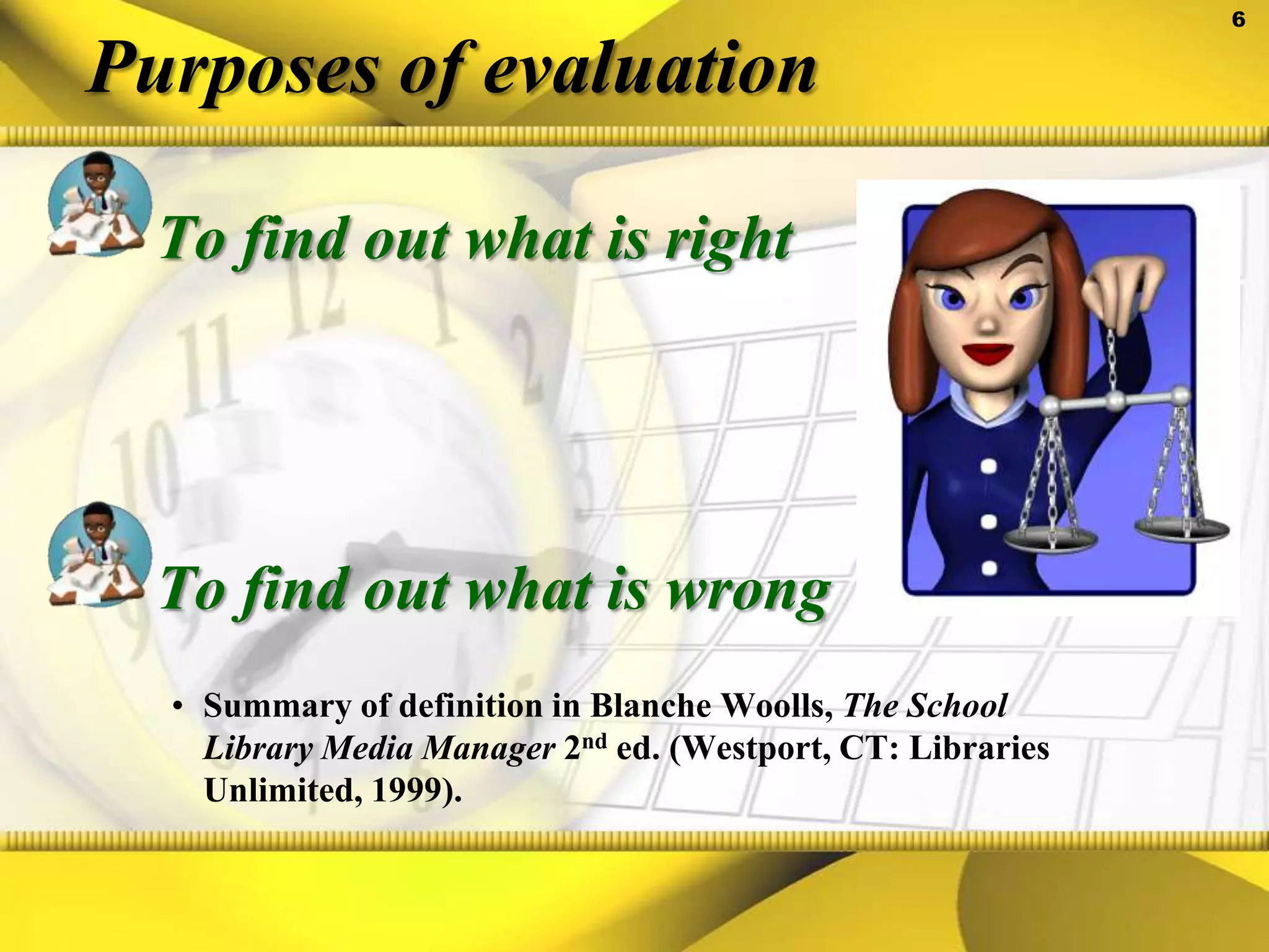 Purposes of evaluationTo find out what is rightTo find out what is wrongSummary of definition in Blanche Woolls, The School Library Media Manager 2nd ed. (Westport, CT: Libraries Unlimited, 1999).
