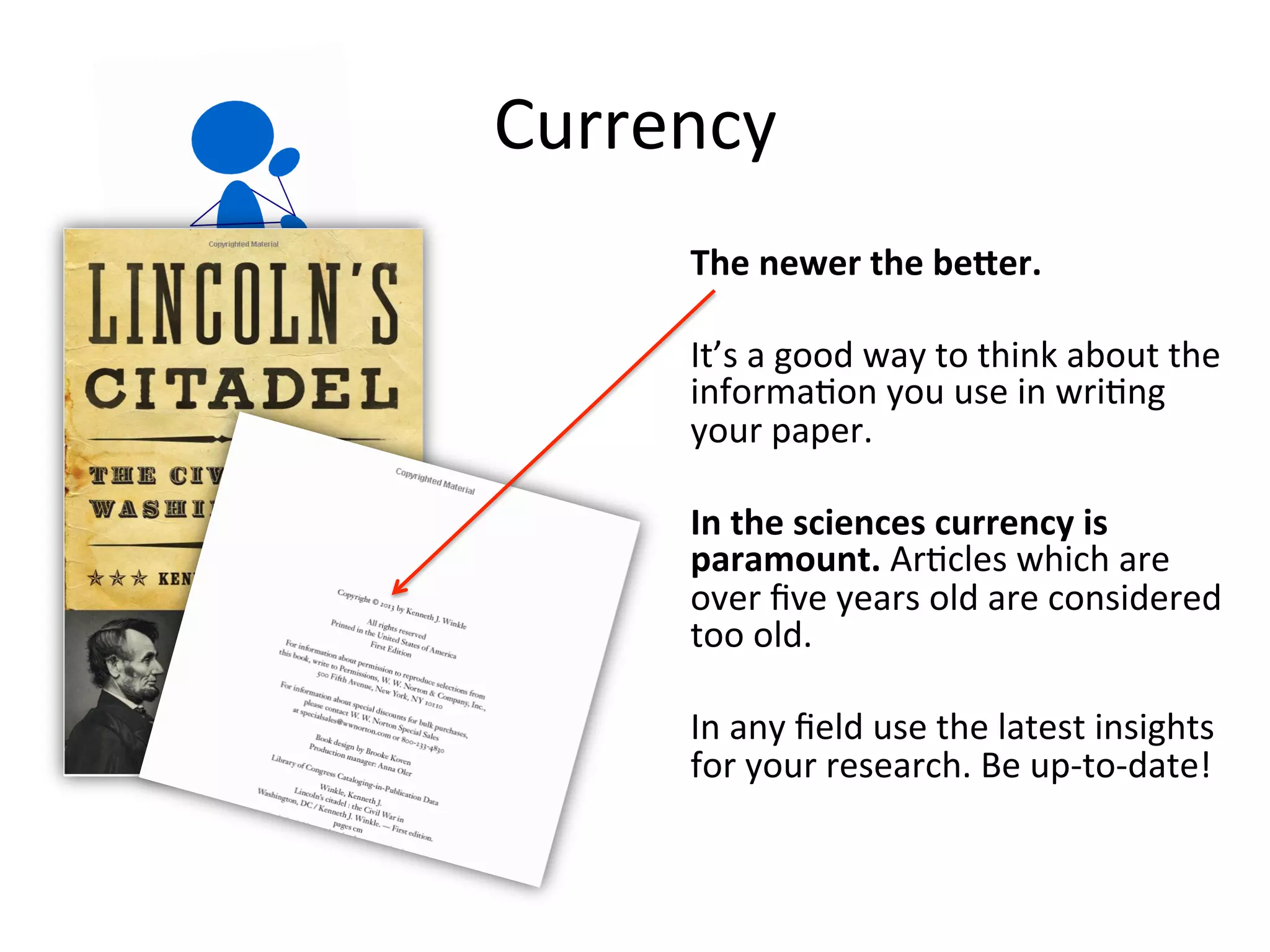 Currency
The more recent the publication date
the better.
It’s a good way to think about the
information you use in writing your
paper.
In the sciences currency is paramount.
Usually books which are over five years
old are considered too old.
In any field use the latest insights for
your research. Be up-to-date!
 