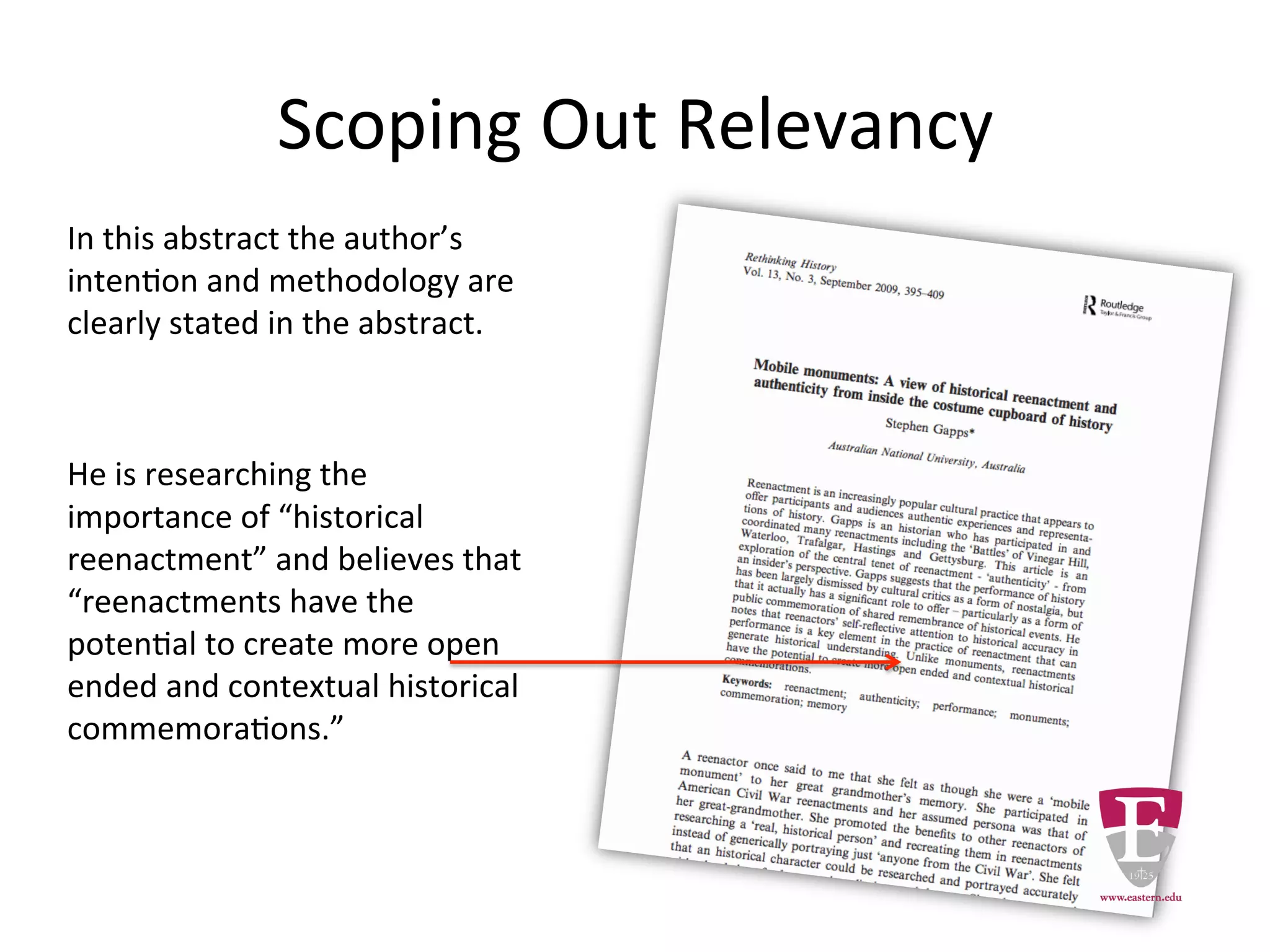 Scoping Out Relevancy
The author’s intention and
methodology are clearly stated
in this abstract.
The author wrote about the
importance of “historical
reenactment” and believes that
“reenactments have the
potential to create more open
ended and contextual historical
commemorations.”
 