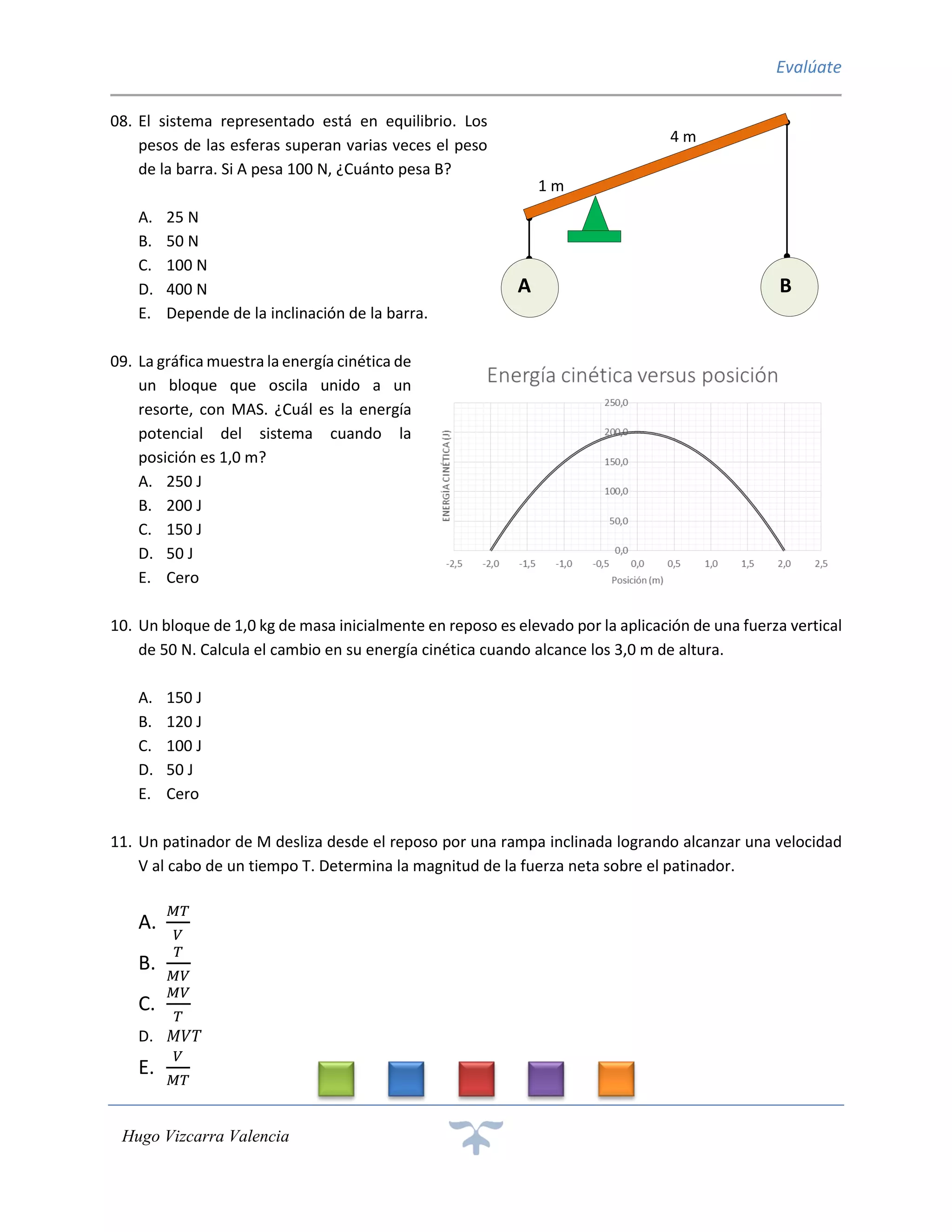 Evalúate 
Hugo Vizcarra Valencia 
08. El sistema representado está en equilibrio. Los pesos de las esferas superan varias veces el peso de la barra. Si A pesa 100 N, ¿Cuánto pesa B? 
A. 25 N 
B. 50 N 
C. 100 N 
D. 400 N 
E. Depende de la inclinación de la barra. 
09. La gráfica muestra la energía cinética de un bloque que oscila unido a un resorte, con MAS. ¿Cuál es la energía potencial del sistema cuando la posición es 1,0 m? 
A. 250 J 
B. 200 J 
C. 150 J 
D. 50 J 
E. Cero 
10. Un bloque de 1,0 kg de masa inicialmente en reposo es elevado por la aplicación de una fuerza vertical de 50 N. Calcula el cambio en su energía cinética cuando alcance los 3,0 m de altura. 
A. 150 J 
B. 120 J 
C. 100 J 
D. 50 J 
E. Cero 
11. Un patinador de M desliza desde el reposo por una rampa inclinada logrando alcanzar una velocidad V al cabo de un tiempo T. Determina la magnitud de la fuerza neta sobre el patinador. 
A. 푀푇 푉 
B. 푇 푀푉 
C. 푀푉 푇 
D. 푀푉푇 
E. 푉 푀푇 
1 m 
4 m 
A 
B  