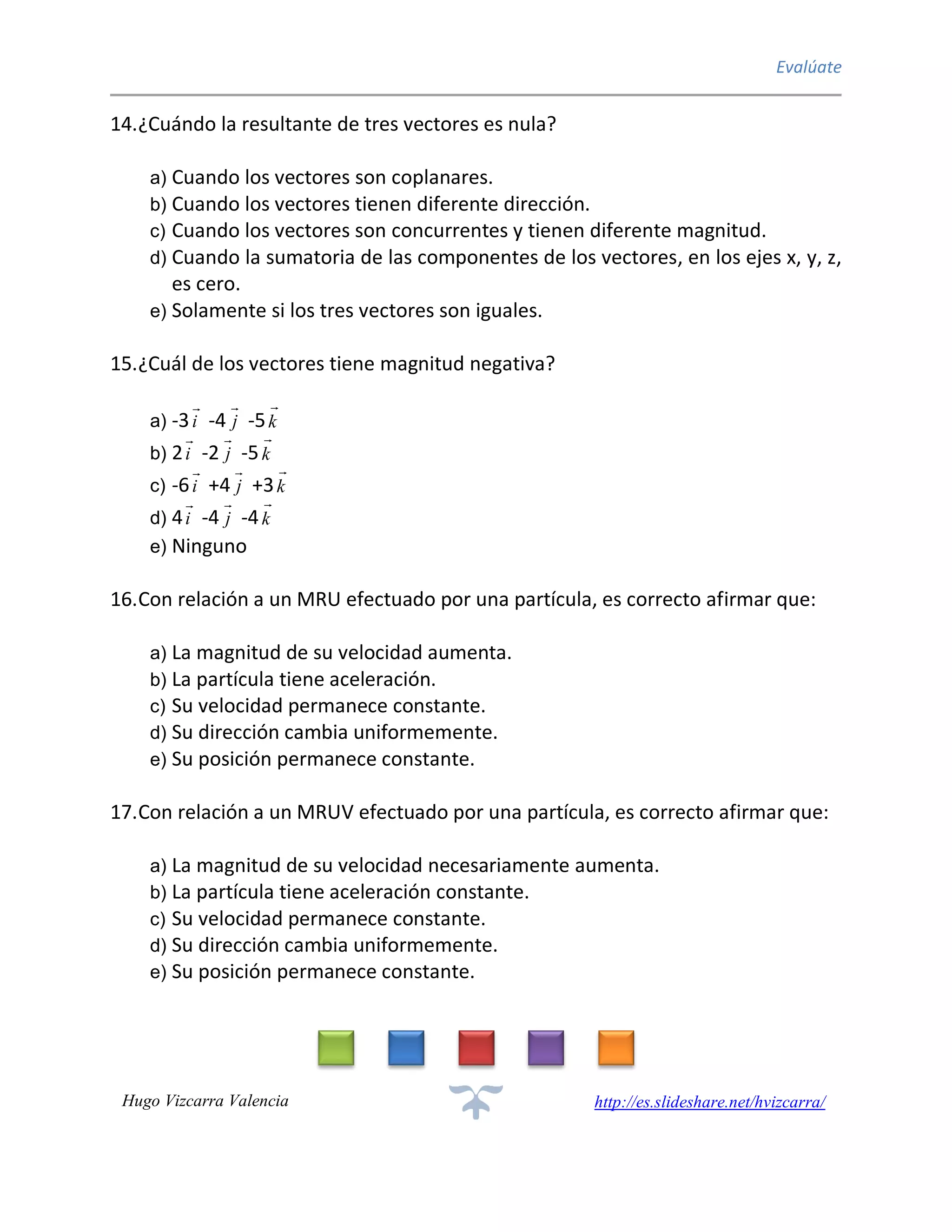 Evalúate
Hugo Vizcarra Valencia http://es.slideshare.net/hvizcarra/
14.¿Cuándo la resultante de tres vectores es nula?
a) Cuando los vectores son coplanares.
b) Cuando los vectores tienen diferente dirección.
c) Cuando los vectores son concurrentes y tienen diferente magnitud.
d) Cuando la sumatoria de las componentes de los vectores, en los ejes x, y, z,
es cero.
e) Solamente si los tres vectores son iguales.
15.¿Cuál de los vectores tiene magnitud negativa?
a) -3i

-4 j

-5k

b) 2i

-2 j

-5k

c) -6i

+4 j

+3k

d) 4i

-4 j

-4k

e) Ninguno
16.Con relación a un MRU efectuado por una partícula, es correcto afirmar que:
a) La magnitud de su velocidad aumenta.
b) La partícula tiene aceleración.
c) Su velocidad permanece constante.
d) Su dirección cambia uniformemente.
e) Su posición permanece constante.
17.Con relación a un MRUV efectuado por una partícula, es correcto afirmar que:
a) La magnitud de su velocidad necesariamente aumenta.
b) La partícula tiene aceleración constante.
c) Su velocidad permanece constante.
d) Su dirección cambia uniformemente.
e) Su posición permanece constante.
 