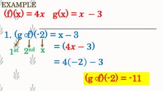 EXAMPLE
(f)(x) = 𝟒𝒙 g(x) = 𝒙 − 𝟑
1. (g f)(-2) = x – 3
1st 2nd x = (4𝒙 − 𝟑)
= 4 −𝟐 − 𝟑
(g f)(-2) = -11
 