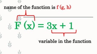 variable in the function
F (x) = 3x + 1
name of the function is f (g, h)
 