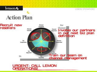 Action Plan Involve our partners in our next biz plan definition Recruit new resellers Train our team on channel management URGENT: CALL LEMON OPERATIONS! 