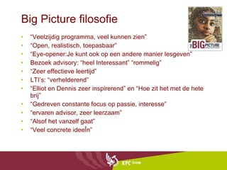 Big Picture filosofie “ Veelzijdig programma, veel kunnen zien” “ Open, realistisch, toepasbaar” “ Eye-opener:Je kunt ook op een andere manier lesgeven” Bezoek advisory: “heel Interessant” “rommelig”  “ Zeer effectieve leertijd” LTI’s: “verhelderend” “ Elliot en Dennis zeer inspirerend” en “Hoe zit het met de hete brij” “ Gedreven constante focus op passie, interesse” “ ervaren advisor, zeer leerzaam”  “ Alsof het vanzelf gaat” “ Veel concrete ideeën” 