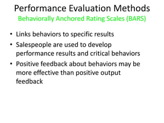 Performance Evaluation Methods
  Behaviorally Anchored Rating Scales (BARS)

• Links behaviors to specific results
• Sales...