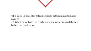 ◈It is good to pause for fifteen seconds between question and
answer
◈ It is better for both the teacher and the writer to read the text
before the conference
 