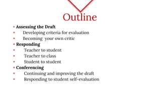 Outline
◈ Assessing the Draft
◈ Developing criteria for evaluation
◈ Becoming your own critic
◈ Responding
◈ Teacher to student
◈ Teacher to class
◈ Student to student
◈ Conferencing
◈ Continuing and improving the draft
◈ Responding to student self-evaluation
 