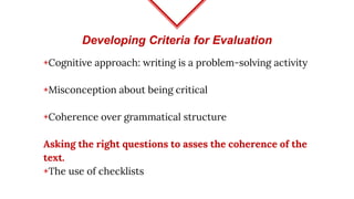 Developing Criteria for Evaluation
◈Cognitive approach: writing is a problem-solving activity
◈Misconception about being critical
◈Coherence over grammatical structure
Asking the right questions to asses the coherence of the
text.
◈The use of checklists
 