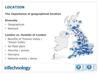 LOCATION
The importance of geographical location
Diversity
• Geographical
• Network
London vs. Outside of London
• Benefits of Thames Valley /
‘Silicon Valley’
• No flood plain
• Security / access
• Olympics
• National events / demo
 