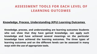 ASSESSMENT TOOLS FOR EACH LEVEL OF
LEARNING OUTCOMES
Knowledge, Process, Understanding (KPU) Learning Outcomes
Knowledge, process, and understanding are learning outcomes Students
who can show that they have gained knowledge, can apply such
knowledge and have achieved several meanings on the particular
knowledge have achieved the learning outcomes. The three types of
learning outcomes and on the different levels can be assessed in many
ways with the use of appropriate tools.
 
