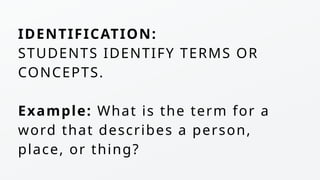 IDENTIFICATION:
STUDENTS IDENTIFY TERMS OR
CONCEPTS.
Example: What is the term for a
word that describes a person,
place, or thing?
 