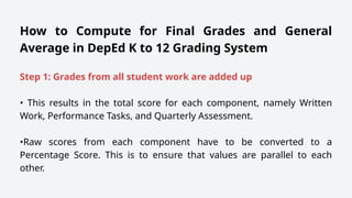 How to Compute for Final Grades and General
Average in DepEd K to 12 Grading System
Step 1: Grades from all student work are added up
• This results in the total score for each component, namely Written
Work, Performance Tasks, and Quarterly Assessment.
•Raw scores from each component have to be converted to a
Percentage Score. This is to ensure that values are parallel to each
other.
 