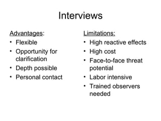 Interviews Advantages : Flexible Opportunity for clarification Depth possible Personal contact Limitations: High reactive effects High cost Face-to-face threat potential Labor intensive Trained observers needed 