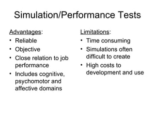 Simulation/Performance Tests Advantages : Reliable Objective Close relation to job performance Includes cognitive, psychomotor and affective domains Limitations : Time consuming Simulations often difficult to create High costs to development and use 
