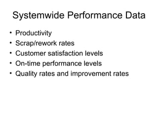 Systemwide Performance Data Productivity Scrap/rework rates Customer satisfaction levels On-time performance levels Quality rates and improvement rates 