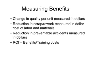 Measuring Benefits Change in quality per unit measured in dollars Reduction in scrap/rework measured in dollar cost of labor and materials Reduction in preventable accidents measured in dollars ROI = Benefits/Training costs 