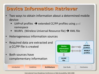 Device Information Retriever International Cross-Disciplinary Conference on Web Accessibility, W4A 2008 ,[object Object],[object Object],[object Object],[object Object],[object Object],[object Object],Guidelines Architecture Case Study Conclusions Introduction CC/PP file Device Information Retriever Jena WURLF API WURLF profiles UAPRof profiles 