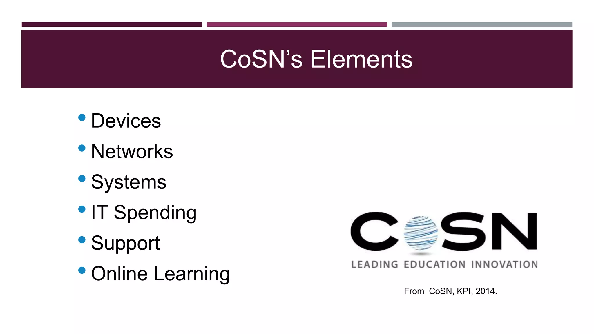 CoSN’s Elements
•Devices
•Networks
•Systems
•IT Spending
•Support
•Online Learning
From CoSN, KPI, 2014.
 