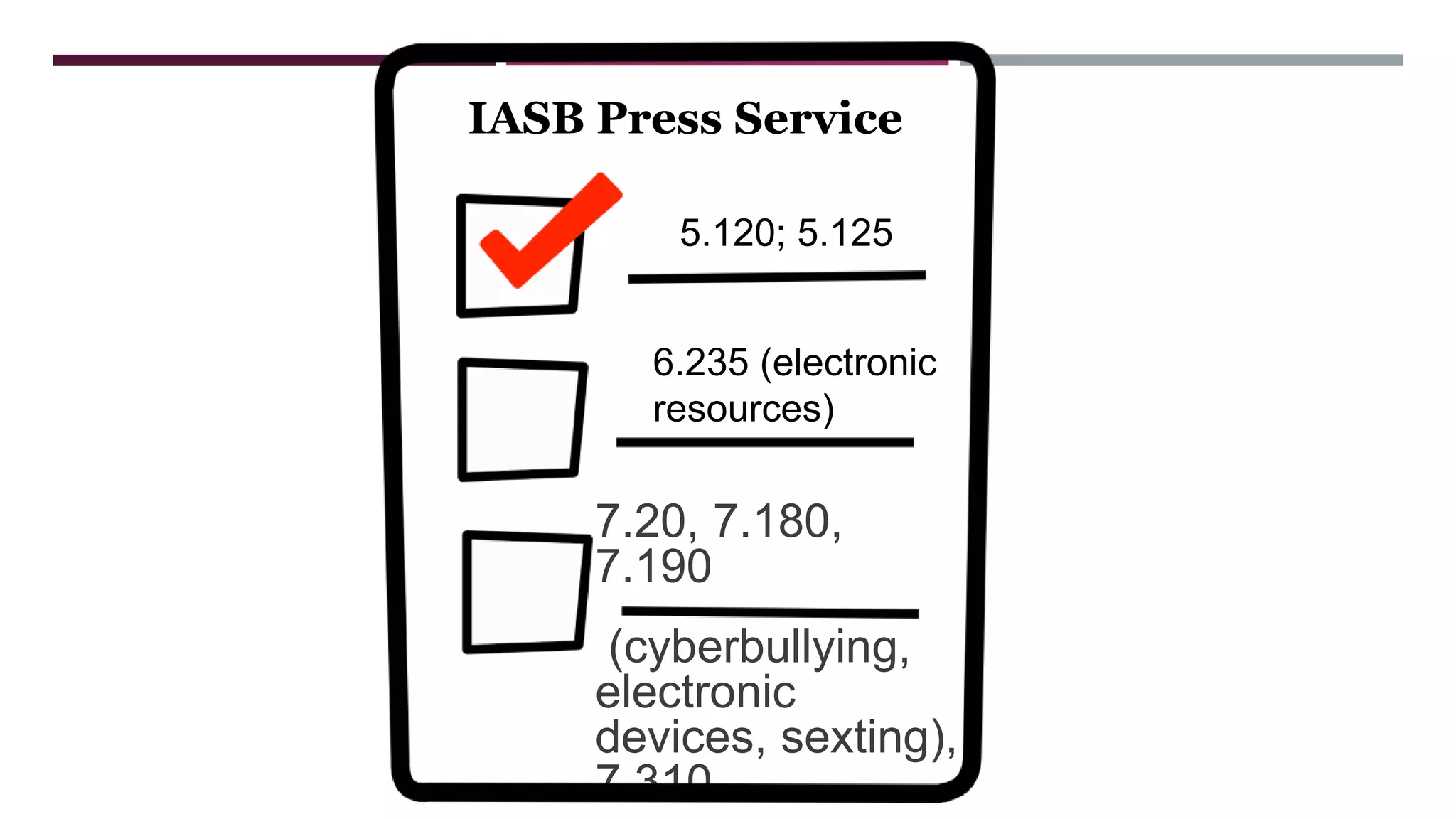 POLICIES TO
CHECK
7.20, 7.180,
7.190
(cyberbullying,
electronic
devices, sexting),
7.310
IASB Press Service
5.120; 5.125
6.235 (electronic
resources)
 