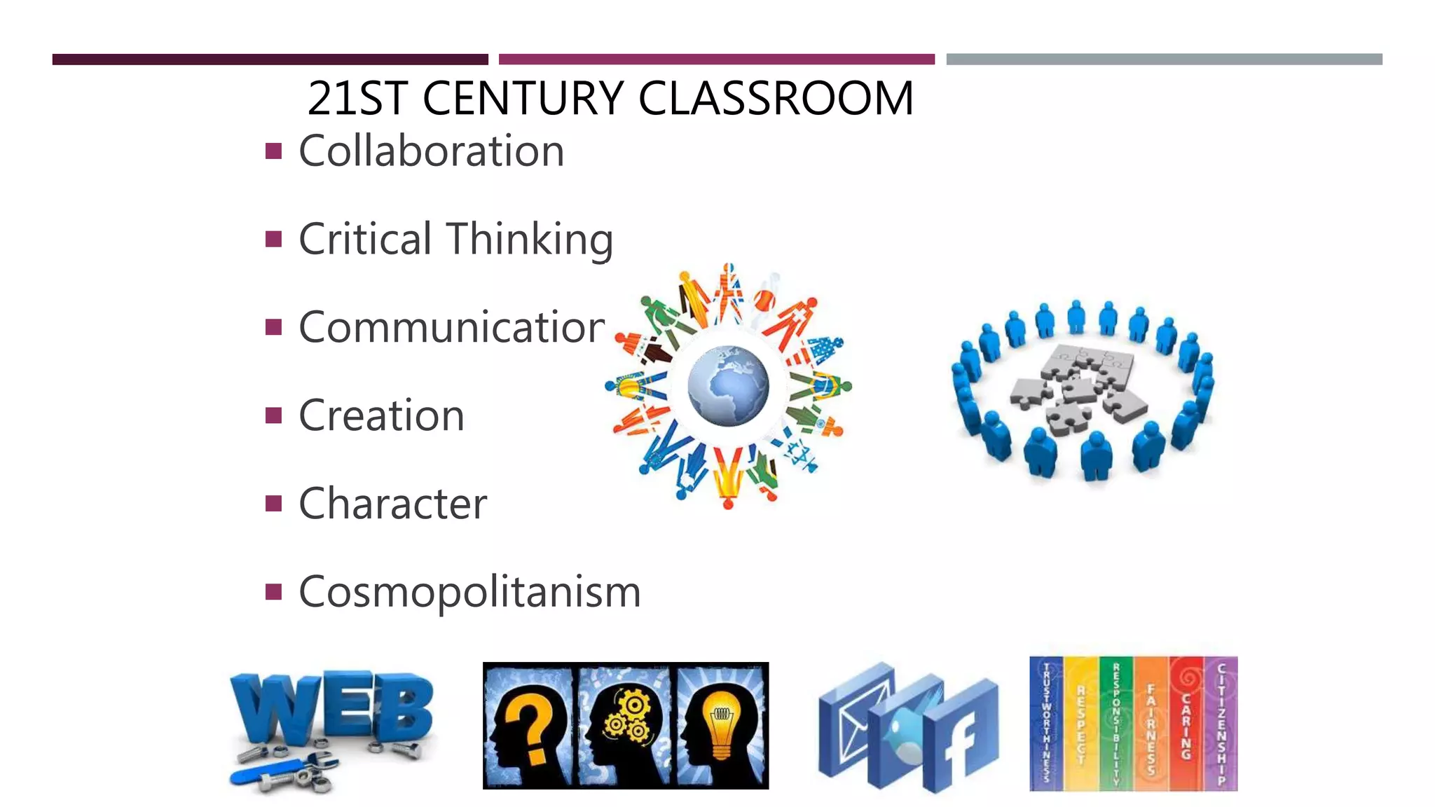 21ST CENTURY CLASSROOM
 Collaboration
 Critical Thinking
 Communication
 Creation
 Character
 Cosmopolitanism
 
