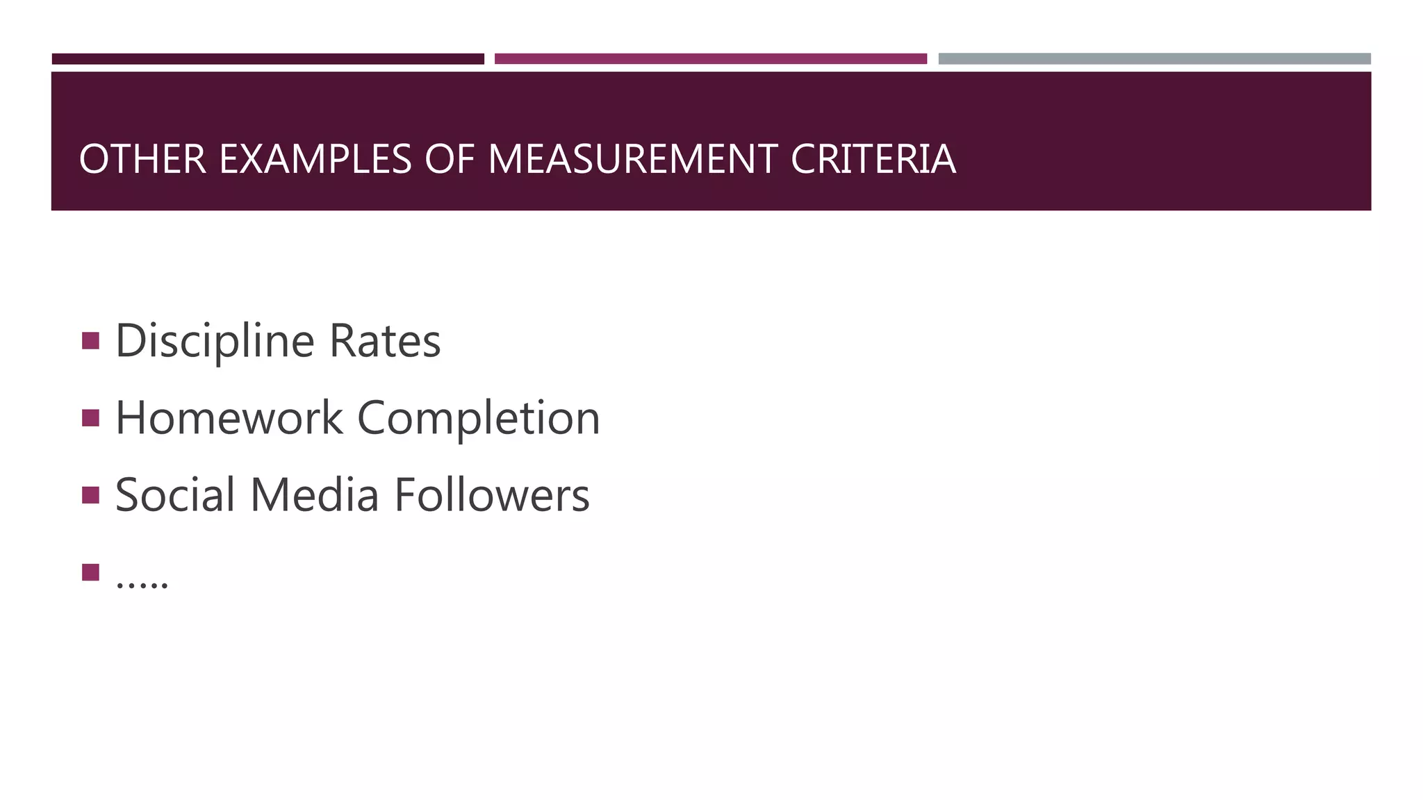 OTHER EXAMPLES OF MEASUREMENT CRITERIA
 Discipline Rates
 Homework Completion
 Social Media Followers
 …..
 