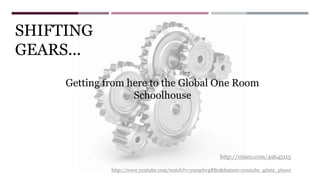 SHIFTING
GEARS...
http://www.youtube.com/watch?v=y0cqrhvgBB0&feature=youtube_gdata_player
Getting from here to the Global One Room
Schoolhouse
http://vimeo.com/49645115
 