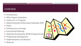 OVERVIEW
 Introductions
 Why Program Evaluation
 Facets of a 1:1 Program
 Determining Key Performance Indicators (KPI)
 Policy
 Infrastructure writ large
 Instructional Planning
 Selecting the Device(s), BYOD & Equal Access
 Professional Development
 Implementation and Revision
 Wrap Up
 