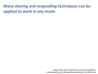 Many sharing and responding techniques can be
applied to work in any mode
Elbow, Peter, and Pat Belanoff. A Community of Writers:
A Workshop Course in Writing. Boston: McGraw-Hill, 2000. Print.
 