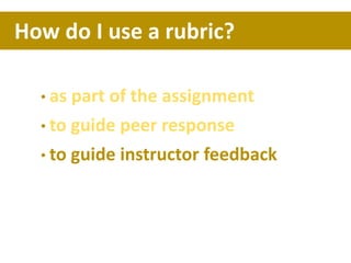 • as part of the assignment
• to guide peer response
• to guide instructor feedback
How do I use a rubric?
 