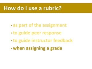 • as part of the assignment
• to guide peer response
• to guide instructor feedback
• when assigning a grade
How do I use a rubric?
 