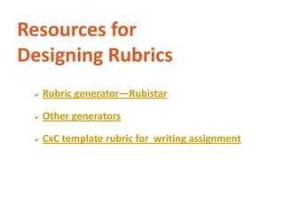 Rubric generator—Rubistar
 Other generators
 CxC template rubric for writing assignment
Resources for
Designing Rubrics
 