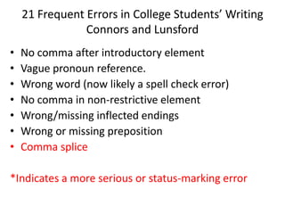 21 Frequent Errors in College Students’ Writing
Connors and Lunsford
• No comma after introductory element
• Vague pronoun reference.
• Wrong word (now likely a spell check error)
• No comma in non-restrictive element
• Wrong/missing inflected endings
• Wrong or missing preposition
• Comma splice
*Indicates a more serious or status-marking error
 